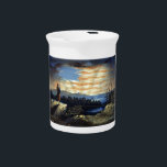 Heavenly American Flag in Sky, Zouave Civil War Beverage Pitcher<br><div class="desc">The smoke of battle had cleared, leaving behind a landscape scarred by conflict. Yet, as the sun began to rise, casting its golden rays upon the war-torn terrain, a different kind of beauty emerged. The Zouave, weary from the day's ordeal, found solace in the serene vista that stretched before him....</div>