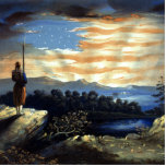Heavenly American Flag in Sky, Zouave Civil War Cutout<br><div class="desc">The smoke of battle had cleared, leaving behind a landscape scarred by conflict. Yet, as the sun began to rise, casting its golden rays upon the war-torn terrain, a different kind of beauty emerged. The Zouave, weary from the day's ordeal, found solace in the serene vista that stretched before him....</div>