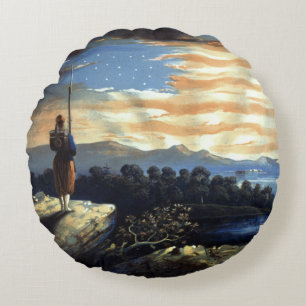 Heavenly American Flag in Sky, Zouave Civil War Round Pillow