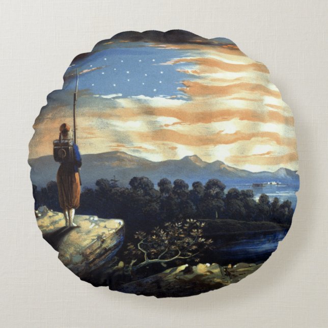 Heavenly American Flag in Sky, Zouave Civil War Round Pillow (Front)