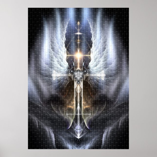 Heavenly Angel Wing Cross Fractal Art Poster Tile (Front)