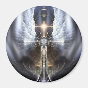 Heavenly Angel Wing Cross Fractal Art Round Magnet