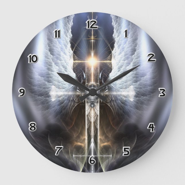 Heavenly Angel Wing Cross Fractal Art Wall Clock (Front)