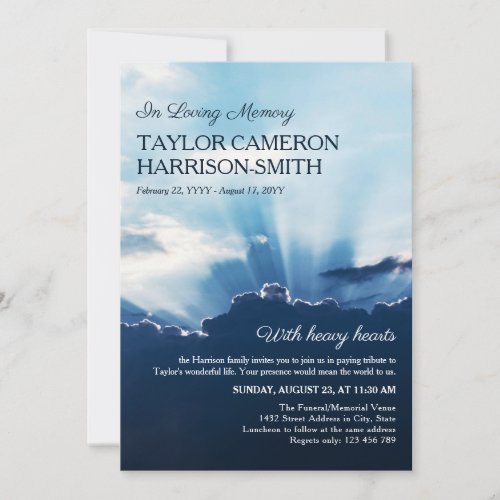 Heavenly Beams of Light In Loving Memory Funeral Invitation