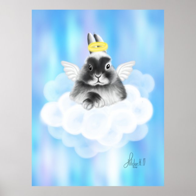 Heavenly Bliss: Gray and White Bunny on Cloud with Poster (Front)