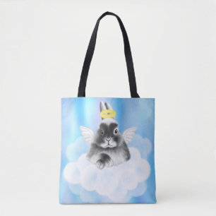 Heavenly Bliss: Gray and White Bunny on Cloud with Tote Bag