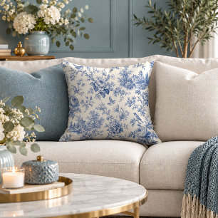 Heavenly Blue Botanical Bouquet Throw Pillow