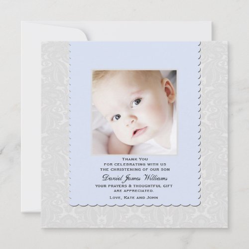Heavenly Blue Damask Photo Thank You  Notecard