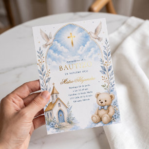 Heavenly Blue Teddy Bear Baptism Invitation Foil Invitation