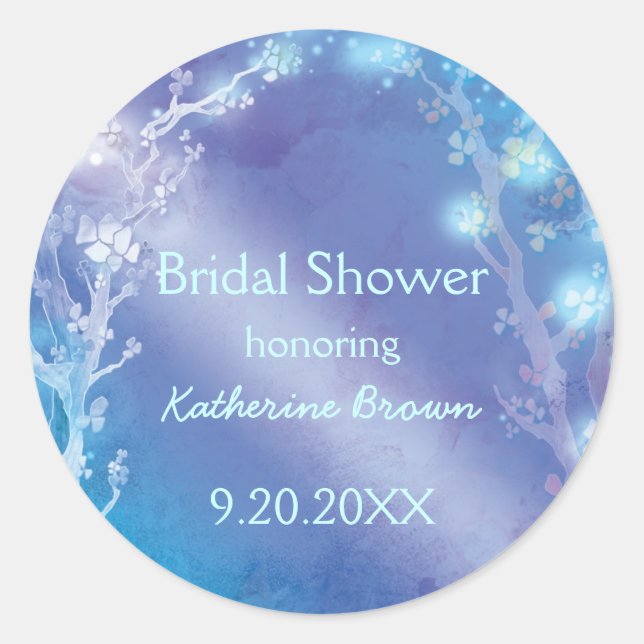 Heavenly Blue Trees Bridal Shower Classic Round Sticker (Front)