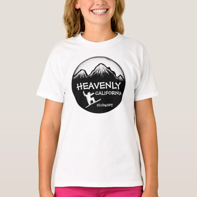 Heavenly California girls snowboard art black tee (Front)