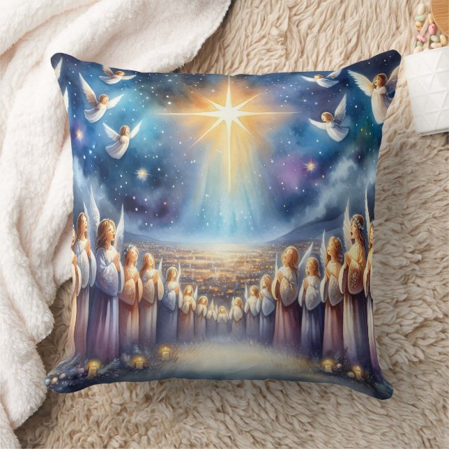 Heavenly Choir Under Star of Bethlehem Throw Pillow (Blanket)