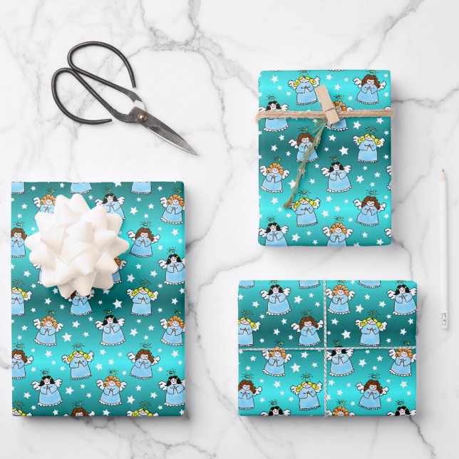 Heavenly Christmas Angels Pattern Wrapping Paper Sheets (Front)