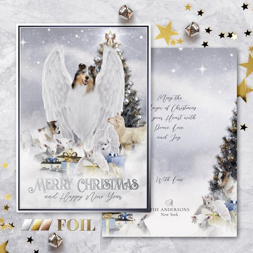 Heavenly Christmas Eve Blue Merle Collie Angel _ Foil Holiday Card