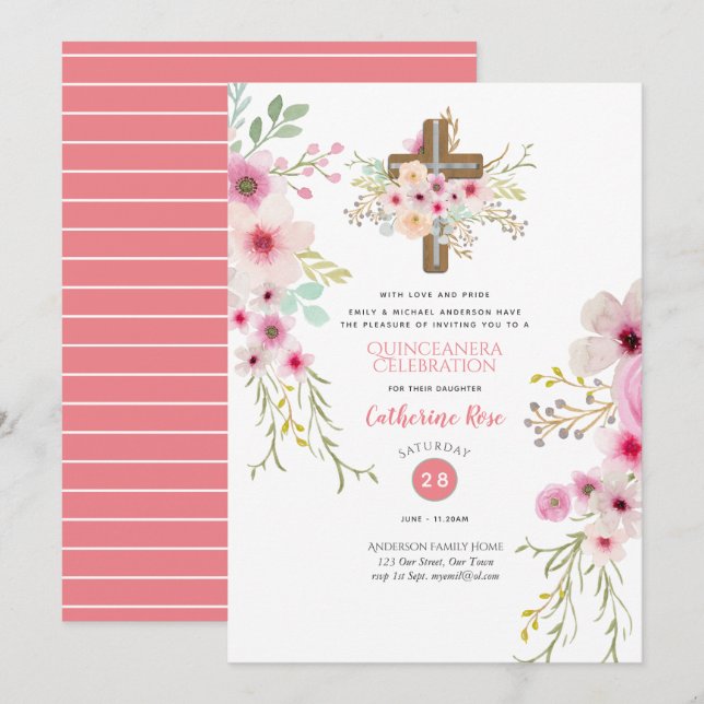 Heavenly Cross Quinceanera Invitation Boho Flowers (Front/Back)