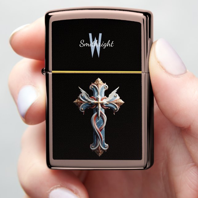 Heavenly Cross Wings: A Blue and White Fusion Zippo Lighter (In Hand)
