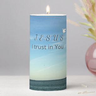 Heavenly Dove Beside Jesus Sky Design Pillar Candle