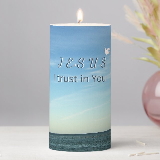 Heavenly Dove Beside Jesus Sky Design Pillar Candle (In Situ)