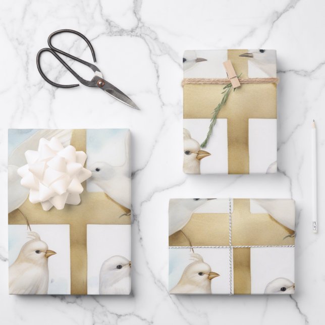 Heavenly Doves and Crosses Wrapping Paper Sheets (Front)