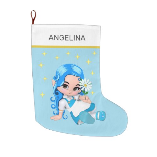 Heavenly Fairy Girl  Stars on Light Blue Large Christmas Stocking