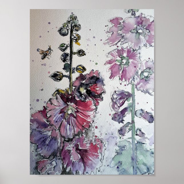 Heavenly Hollyhocks Watercolour Painting Print (Front)
