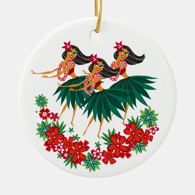 Heavenly Hula Holiday Hawaiian Hula Girls Ceramic Ornament (Front)