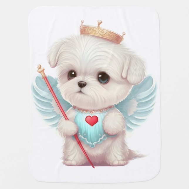 Heavenly Love: Cute Angel Maltese Dog Puppy Baby Blanket (Front)