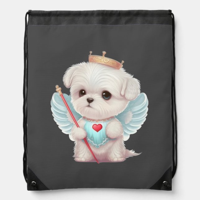 Heavenly Love: Cute Angel Maltese Dog Puppy Drawstring Bag (Front)