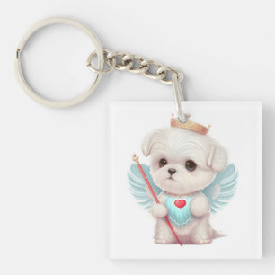 Heavenly Love: Cute Angel Maltese Dog Puppy Keychain