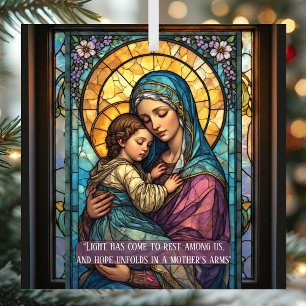 Heavenly Madonna & Child Catholic Christmas Quote Glass Ornament