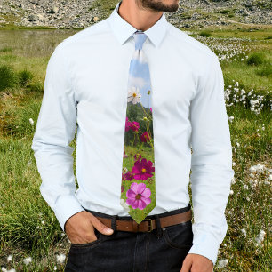 Heavenly Meadow Wildflowers Under Blue Sky Floral Neck Tie