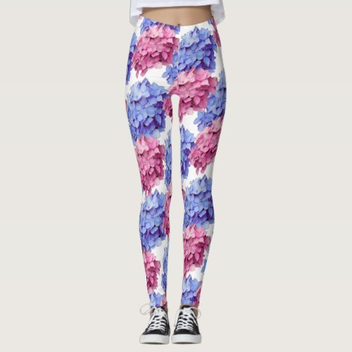 Heavenly Pink and Baby Blue Hydrangea Flowers Leggings