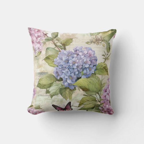 Heavenly Purple Hydrangea and Butterfly Harmony Throw Pillow