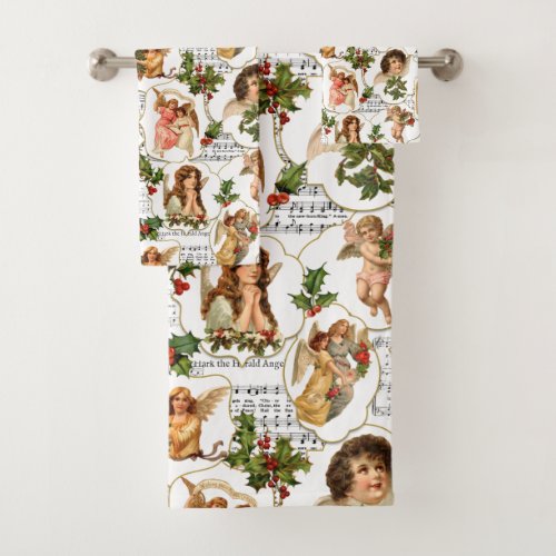 Heavenly Vintage Angels Holly  Music Collage  Bath Towel Set