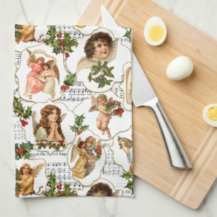 Heavenly Vintage Angels, Holly & Music Collage Kitchen Towel
