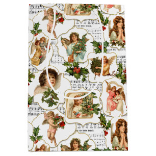 Heavenly Vintage Angels, Holly & Music Collage Medium Gift Bag