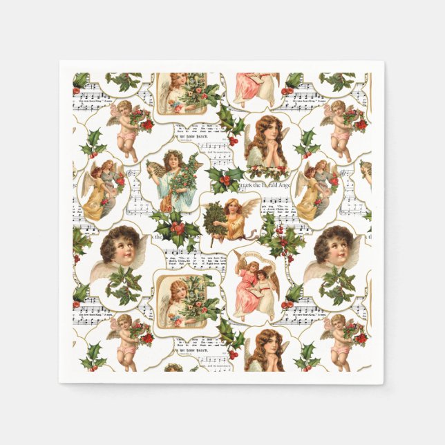 Heavenly Vintage Angels, Holly & Music Collage  Napkins (Front)