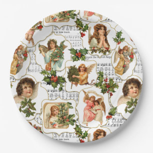 Heavenly Vintage Angels, Holly & Music Collage  Paper Plates