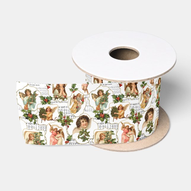 Heavenly Vintage Angels, Holly & Music Collage  Satin Ribbon (Spool)