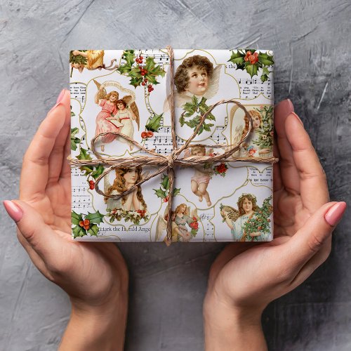 Heavenly Vintage Angels Holly  Music Collage  Wrapping Paper