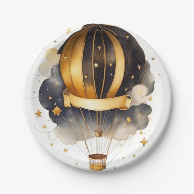 Heavenly Whimsy: Celestial Balloon Baby Shower Paper Plates (Front)