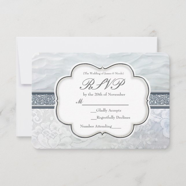 Heavenly White Ruffles & Lace Elegant RSVP Card (Front)
