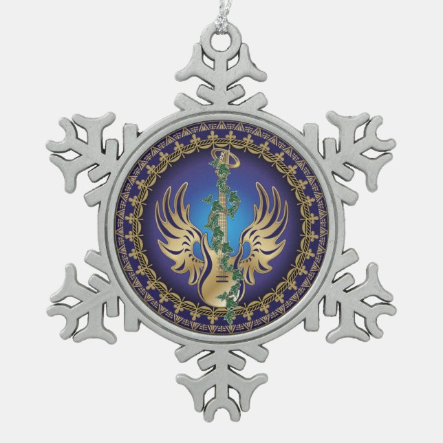 Heavenly Winged Guitar Snowflake Pewter Christmas Ornament (Front)