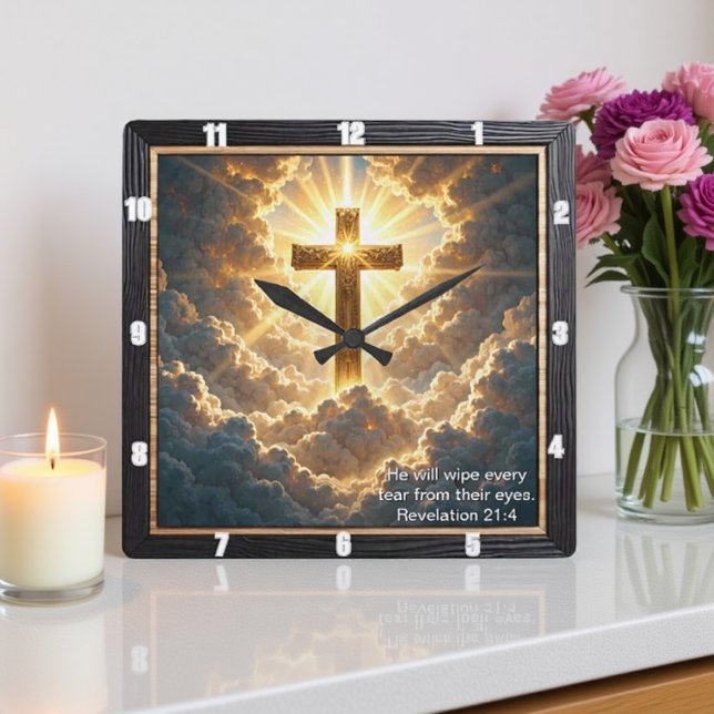 Heaven's Gate Golden Cross Cloud Revelation 21:4 Square Wall Clock (Creator Uploaded)