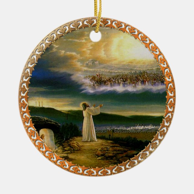 Heavens Welcoming Embrace Jesus at Dusk Ceramic Ornament (Front)