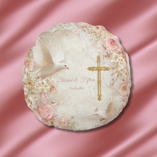 Heaveny Blush & Gold Quince, custom Round Pillow