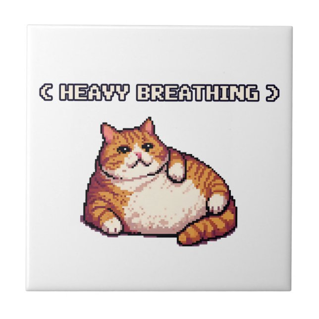 Heavy breathing fat cat meme pixel art ceramic tile (Front)