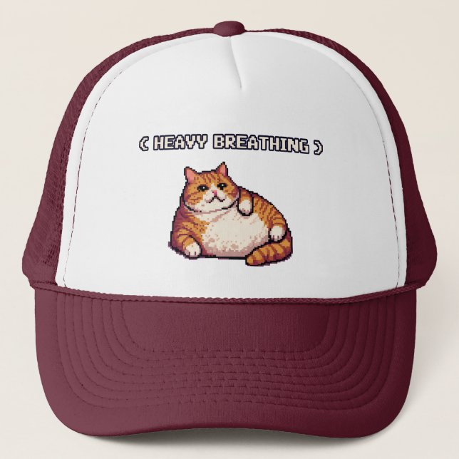 Heavy breathing fat cat meme pixel art trucker hat (Front)
