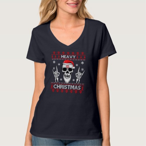 Heavy Christmas Devil Horns Skull Santa Hat Ugly S T_Shirt