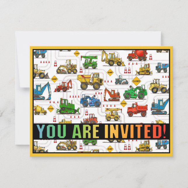 Heavy Equipment Theme Kids Party Invitation (Front)